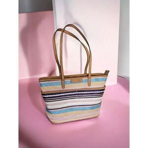 Striped Summer Beach Tote Bag‎ with Brown Leather Handles Pastel Multi Color